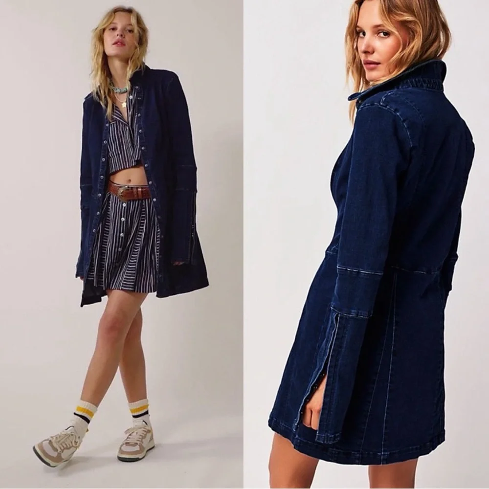 Free People Thea Dark Wash Denim Mini Dress Size S NWT - Picture 4 of 8